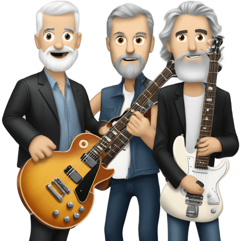 Three white mature musicians. one on a Gibson Les Paul guitar with a beard, one on a Fender Precision bass that is very tall and one playing banjo with a short gray beard emoji