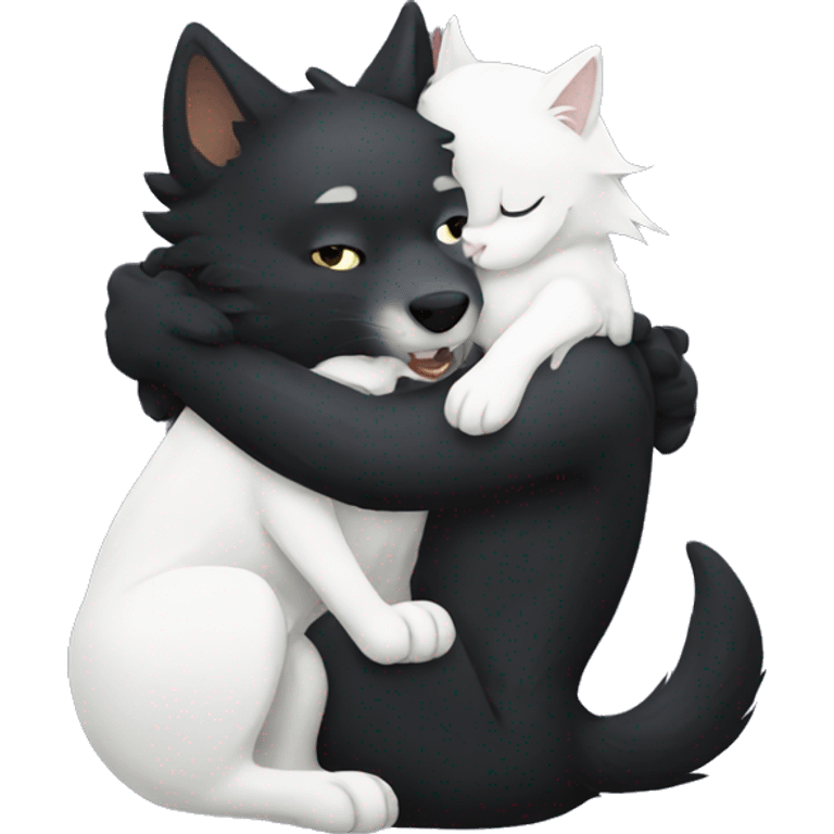 Black wolf hug white cat emoji