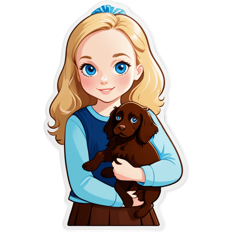 Blonde haired girl with blue eyes holding Boykin spaniel emoji