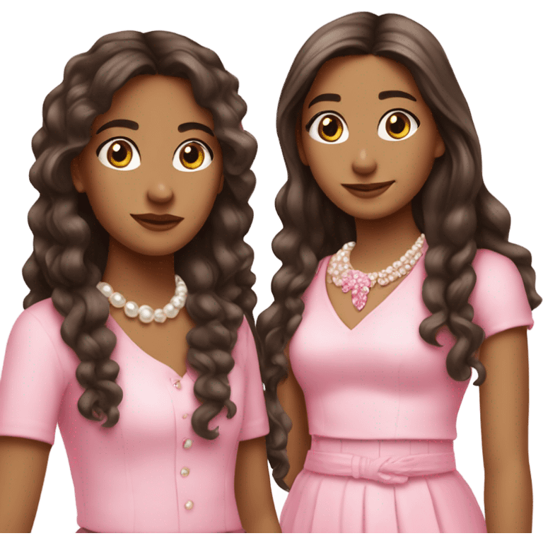 two teenage Latina best friends wearing pink. Long hair. Pink bows. Pearls. Light pink. Diamonds outfits emoji