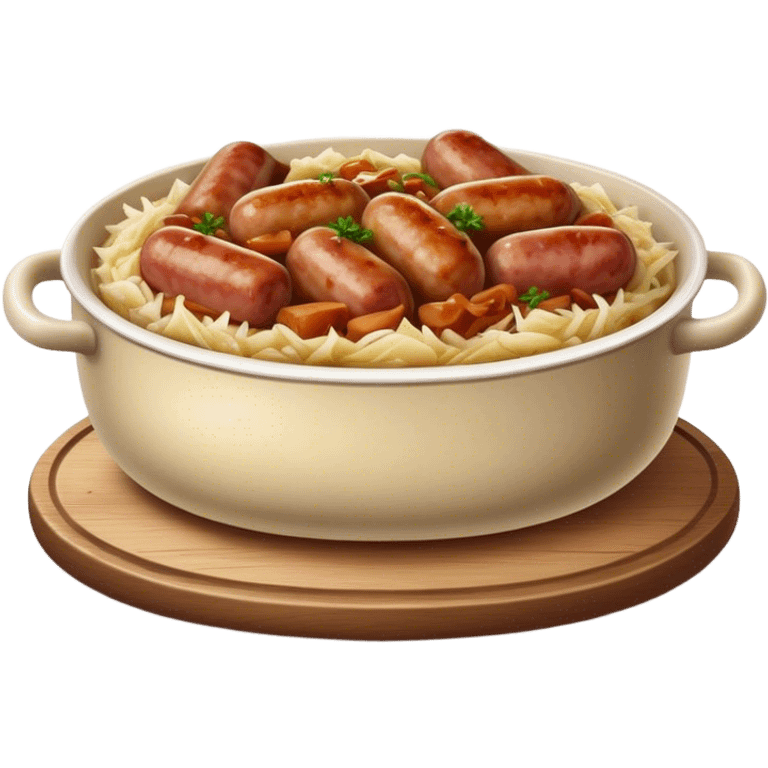 Cinematic Realistic Bigos Dish Emoji, showcasing a hearty stew of sauerkraut and meats rendered with rich textures and dynamic, rustic lighting. emoji