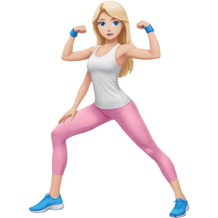 A cinematically realistic blonde with long hair and blue eyes, dressed in a white top and pink leggings, does a sports exercise called lunges emoji