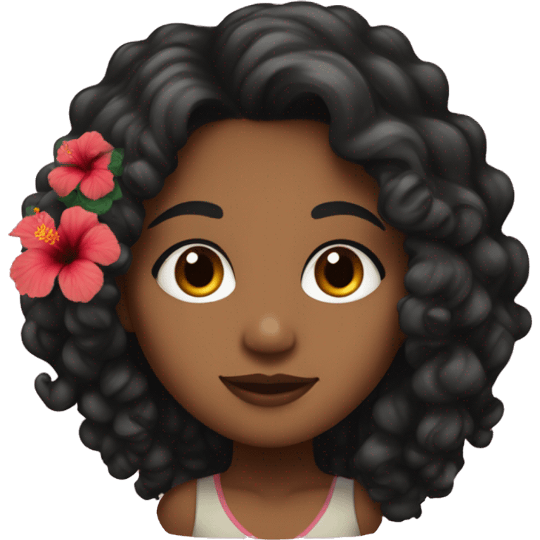 Brown girl with shoulder length thick curly black hair and hibiscus on left side emoji