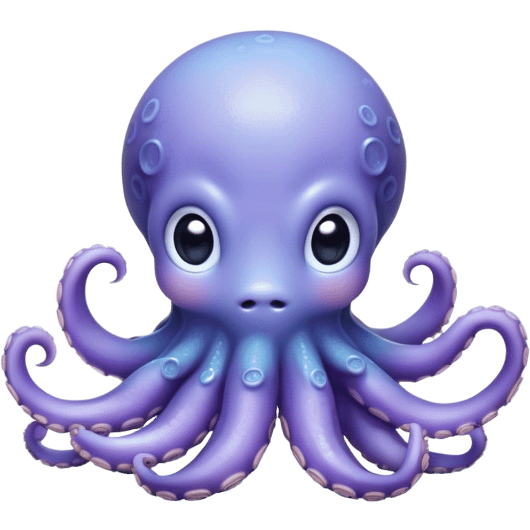 Cinematic Cute Shy Baby Octopus Portrait Emoji, Tentacles tucked slightly inward in an adorably bashful pose, featuring a softly glowing, round light blue-purple body with enormous, soulful eyes peering out timidly, Simplified yet irresistibly adorable features, highly detailed, glowing with a delicate, soothing marine radiance, high shine, quiet yet expressive, stylized with an air of gentle mystery, soft glowing outline, capturing the essence of a tiny, shy deep-sea creature that seems as if it could slowly peek out and explore the world with cautious curiosity! emoji