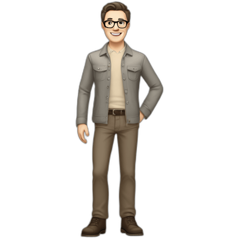 Joyful Full height Pale skinned Fit Man With dark brown hair in gray jacket, beige office shirt, Brown pants and vintage glasses. His thrumbs up emoji