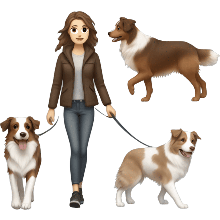 white girl with brown hair walking brown beige and white australian shepherd dog emoji