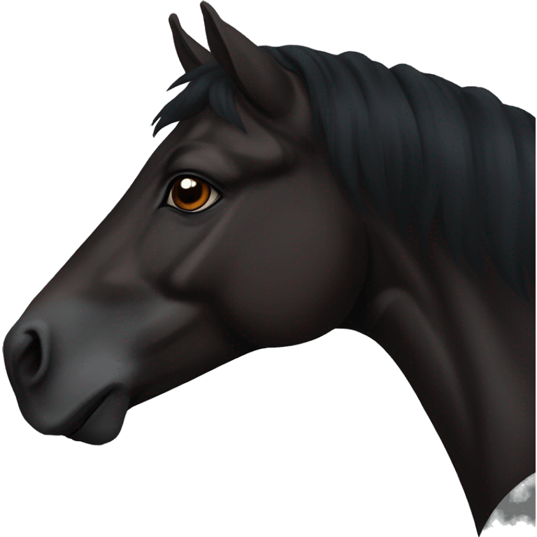 Face of a totally black horse with dark brown eyes and the end of the mane slightly brown/reddish that we see from it left side profile  emoji