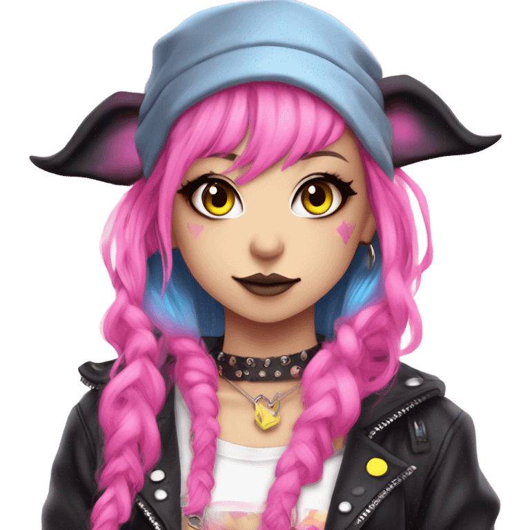 Blue eyed pale hime gyaru girl, hot pink and yellow split-dyed hair, nose ring, elf ears, dark makeup, punk clothes emoji