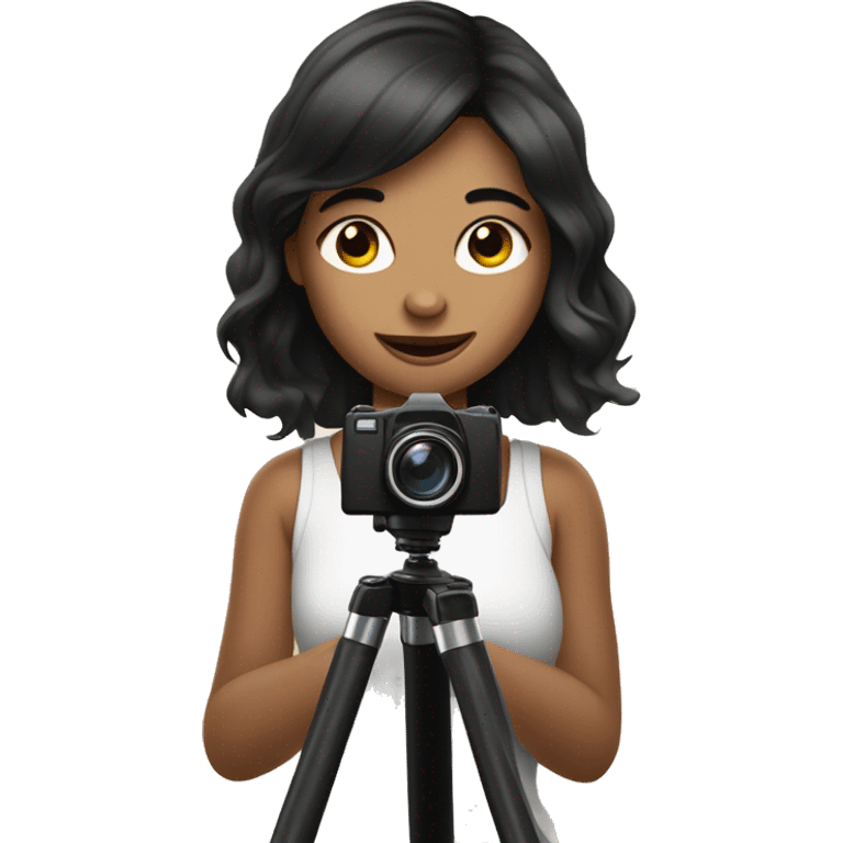 cute girl with dark hair takes a photo with her phone from a tripod emoji