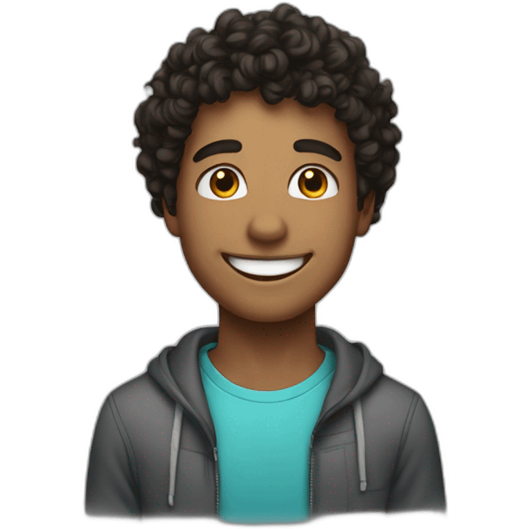 of a young man with a bright smile, showcasing his teeth, with fair skin and short, extremely curly dark hair. emoji