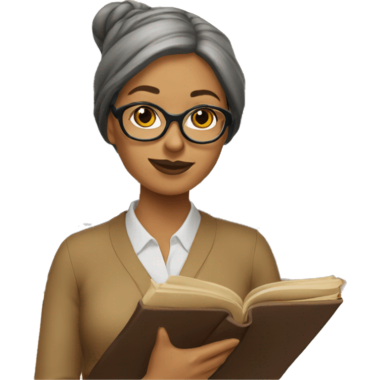 Woman librarian bun brown glasses with a book emoji