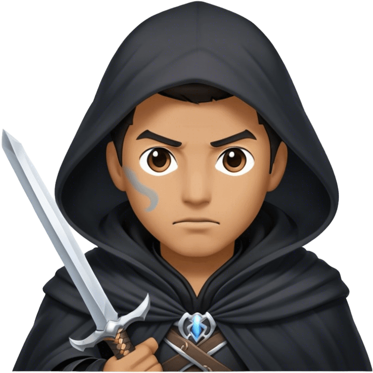 A mysterious swordsman in a black cloak, mist swirling around him emoji