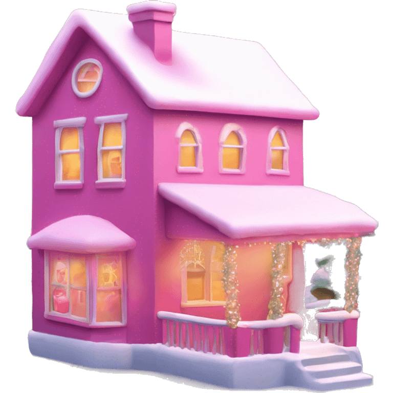 A pink house with a pink Christmas tree, pink snow, pink Santa Claus with a pink hat, pink snowman wrapped with the scarf around his neck and a pink hat, smiling the house have lights decorated around with a Christmas tree in the middle of the window emoji