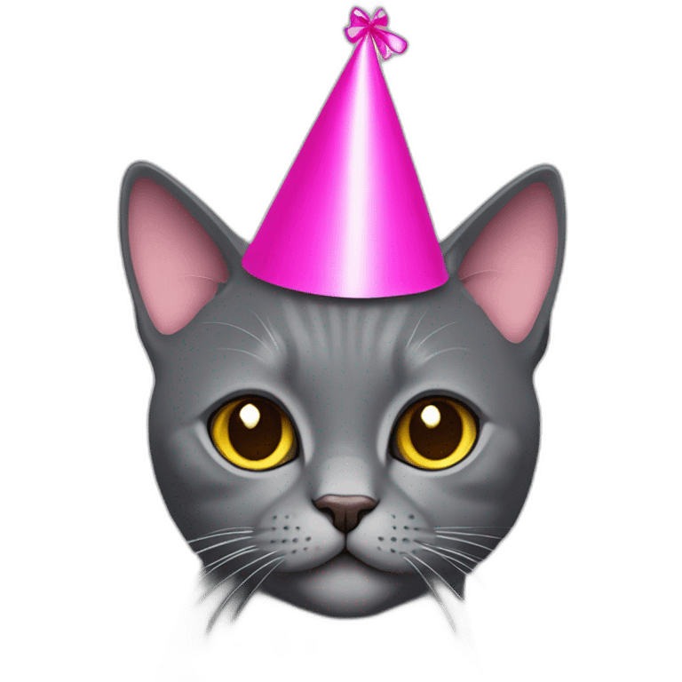 Dark Grey British short hair cat wearing a pink party hat emoji