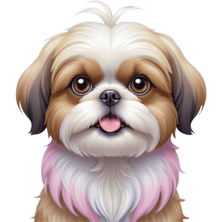 Cinematic Comical Shih Tzu Portrait Emoji, Head cocked with a hilariously exaggerated, shocked expression and twinkling, comically wide eyes, showcasing a fluffy, luxurious fur in soft pastel tones, simplified yet whimsically detailed, glowing with a playful, sassy radiance, high shine, exuding a humorous and cheeky charm, styled with a soft glowing outline, capturing the essence of a Shih Tzu that looks as if it could burst into a fit of playful antics at any moment! emoji