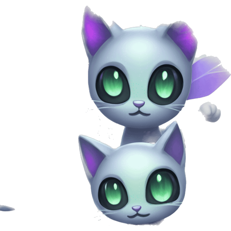 Shiny, Sparkly, Black Dark-type-Fairy-Type-Psychic-Ice-type-Fakémon-Cat Purple eyes, green gem, full body emoji