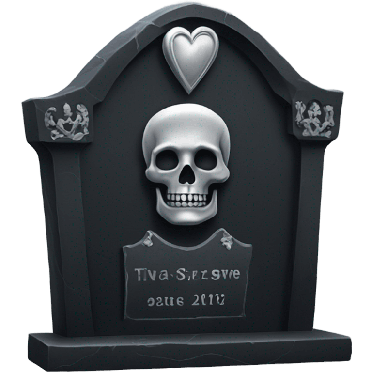 a black tombstone with the inscriptions in silver RIP and a silver heart emoji