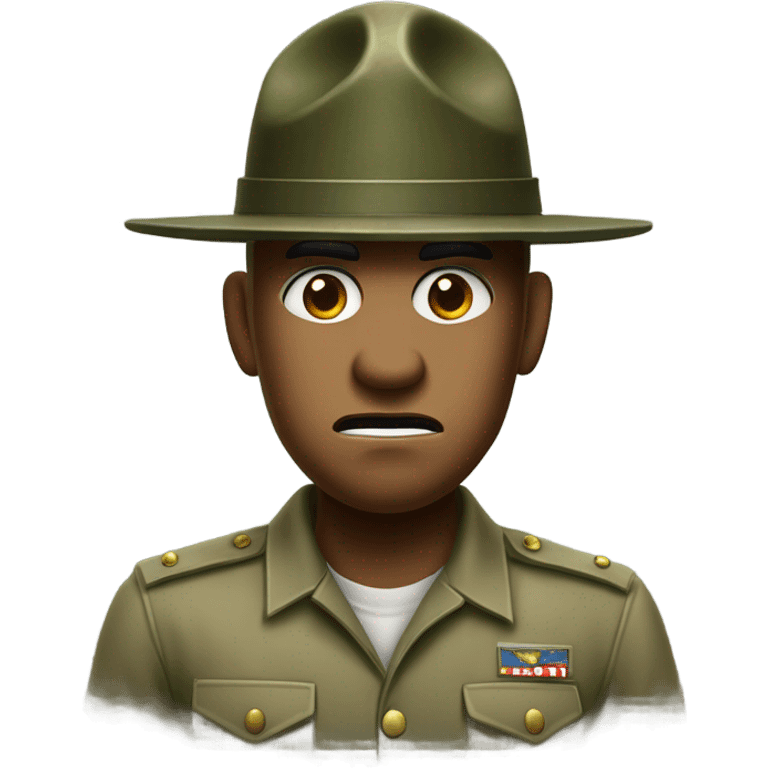 drill sergeant character wearing a classic sergeant hat and a camouflage army shirt. The character should have an angry intense expression. full torso emoji