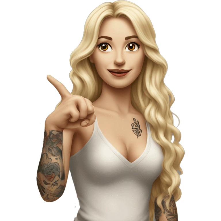 Blonde elegant women with LONG HAIR, her Body Covered with Tattoos, POINTING YOU FORWARD with her HAND with INDEX FINGER, Hyper realistic emoji