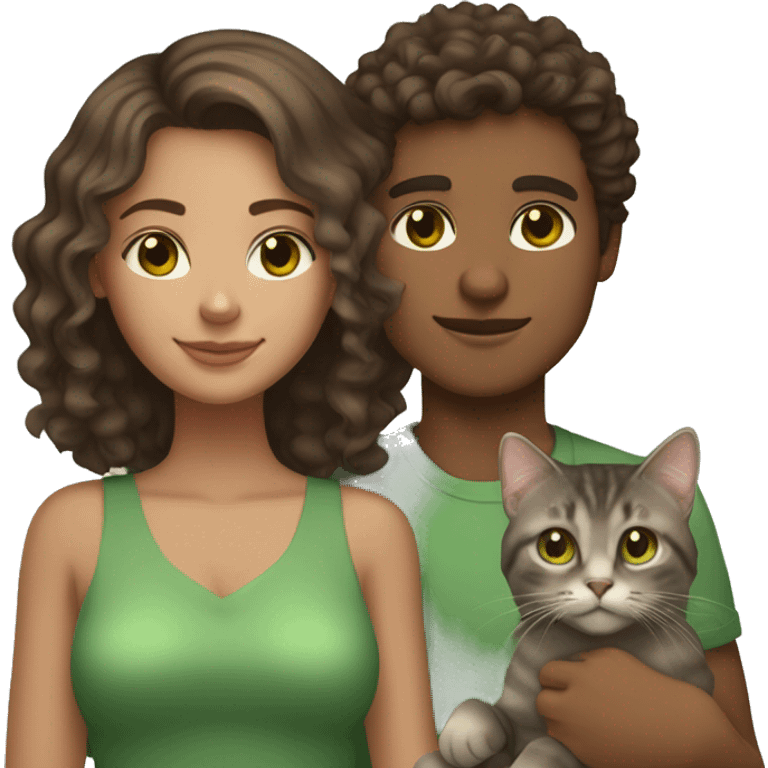 a girl with tan skin and brown curly hair and brown eyes and her boyfriend with short brown hair and brown eyes holding a grey tabby cat with green eyes emoji