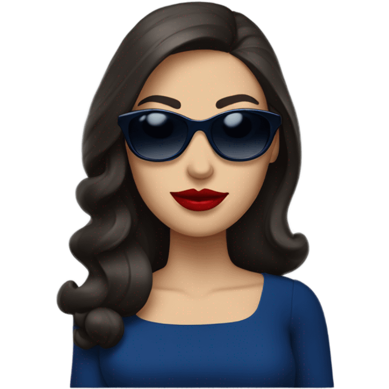 brunette in dark blue sunglasses, red lips and a dark blue dress emoji