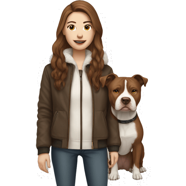 white woman with long brown hair in a furry jacket standing alongside a white pitbull with a brown patch around his eye emoji