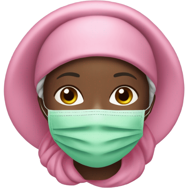 black girl wearing green skin care face mask with a pink bonnet on her head emoji