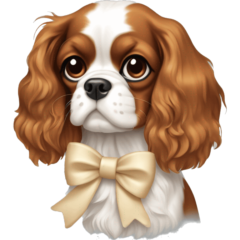 Cavalier King Charles Spaniel with cream bow tied around it emoji