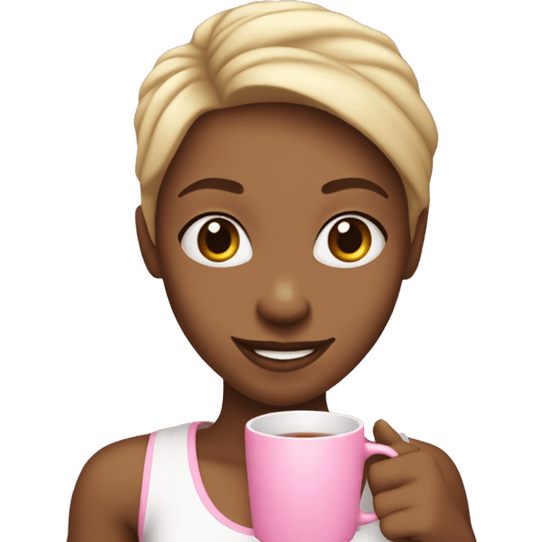 Light skin girl smiling , wearing a white tank top and holding a pink mug with tea in it  emoji