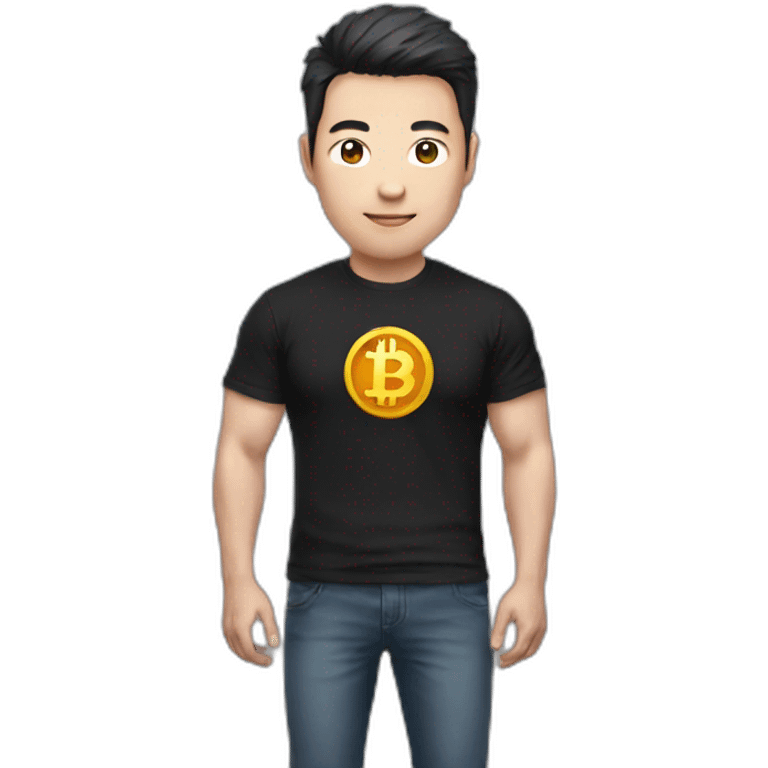 Chinese man with black t-shirt, add Bitcoin logo on His T-shirt, Make the emoji half body emoji