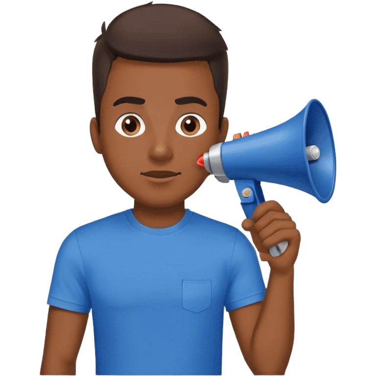 man in blue t-shirt with loudspeaker emoji