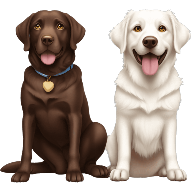 a sitting chocolate labrador, and a sitting cream, white Australian Shepard emoji