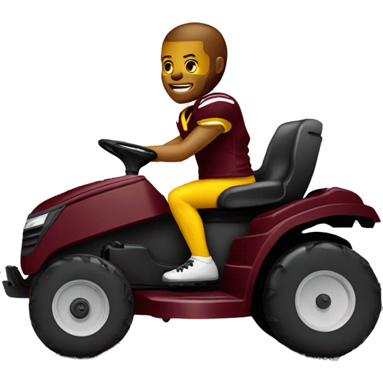 Football player on a lawn mower wearing maroon and gold emoji