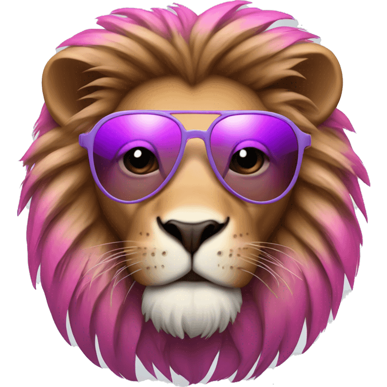 lion with a pink and purple mane wearing aviator sunglasses with mirrored lenses emoji