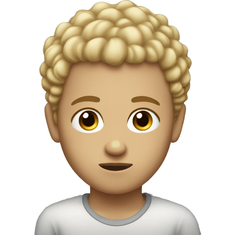 black eyes, very very curly blonde very short hair, boy, serious face emoji