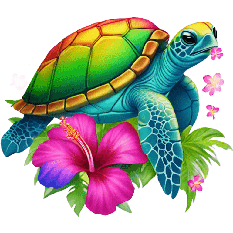 Lisa Frank rainbow Sea turtle with hibiscus  emoji