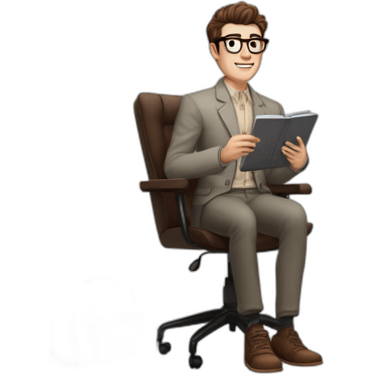 Pale skinned Fit Man With dark brown hair in gray jacket, beige office shirt, Brown pants and vintage glasses sitting In a soft chair with a notebook on spring with emblem Ψ and a pen emoji