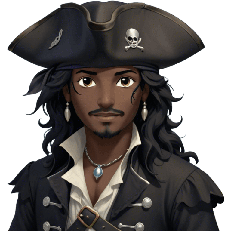 A charismatic pirate with wavy black hair that falls just past his shoulders, tousled slightly by the sea breeze. He wears a black tricorn hat with subtle silver embroidery along the edges, casting a shadow over his sharp, confident features. His piercing dark eyes glint with mischief as he gazes to the side, a knowing smile playing at his lips. His well-fitted black coat, adorned with polished silver buttons and intricate stitching, moves slightly with the wind, revealing glimpses of a deep-crimson waistcoat underneath. A silver chain dangles from his belt, catching the dim golden light of the setting sun. His posture is relaxed yet assured, exuding effortless charm as if he owns the sea itself. emoji