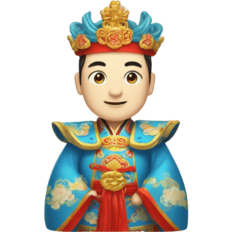 Chinese man wearing Beijing opera clothes and crown, blue emoji