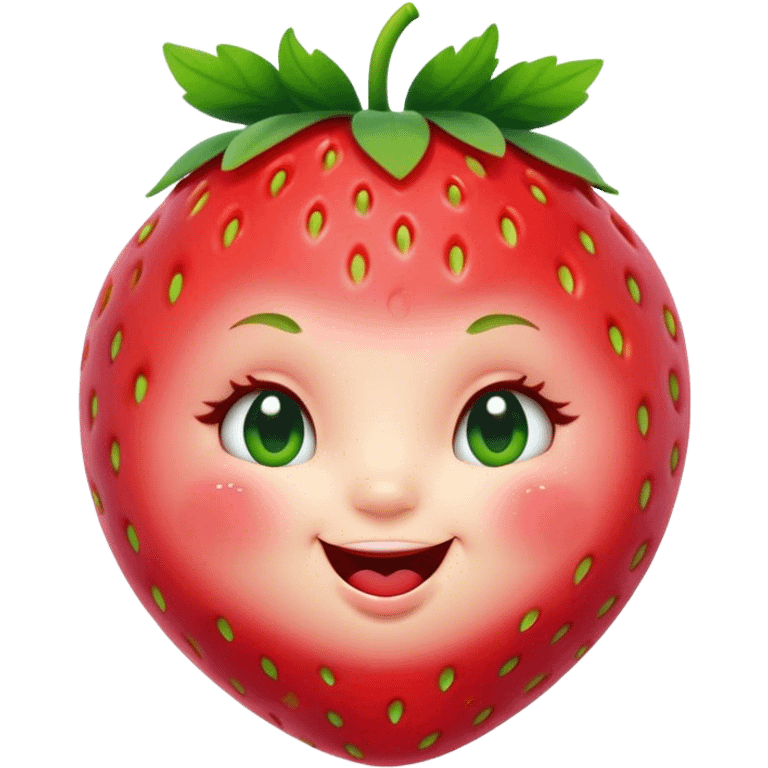 Cinematic plump happy strawberry, glossy bright red, tiny round eyes and blushing cheeks, green leafy top slightly tilted, cheerful and charming. emoji