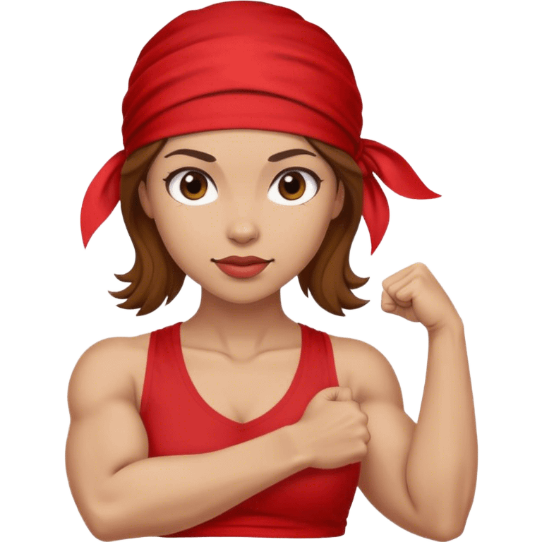 Light skin and brown hair with red bandana Rosie the Riveter shows biceps emoji