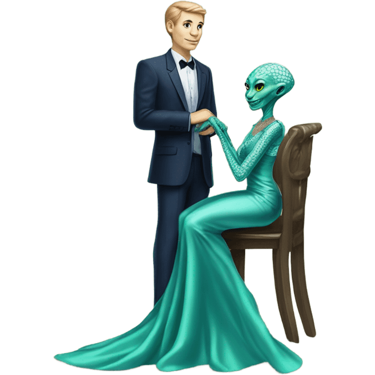 alien reptilian green skin woman, in long slim pastel blue formal party satin dress with gradient shiny sparkling navy blue diamonds embroidered , and caucasian man in black dres on his knees asks her to marry her emoji