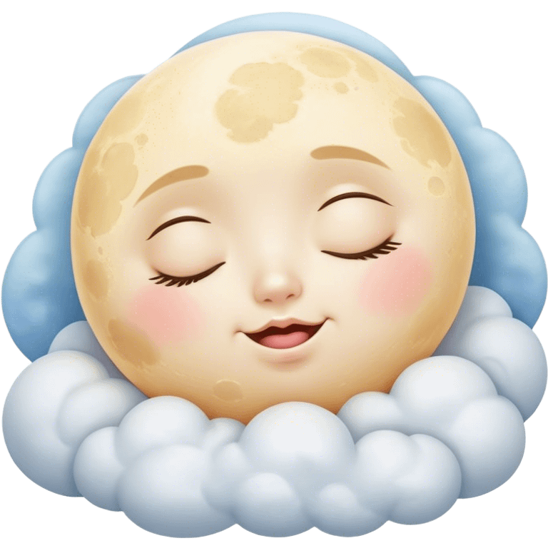 Cinematic adorable moon with a sleepy face, round and chubby, soft glowing light, tiny rosy cheeks, resting on a bed of fluffy clouds, dreamy and peaceful. emoji