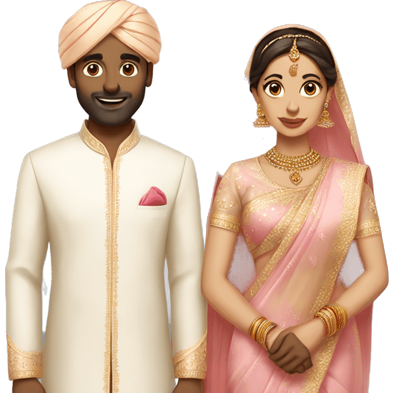 bride with pale skin in saree without veil and tall brown indian groom in pale pink outfits  emoji