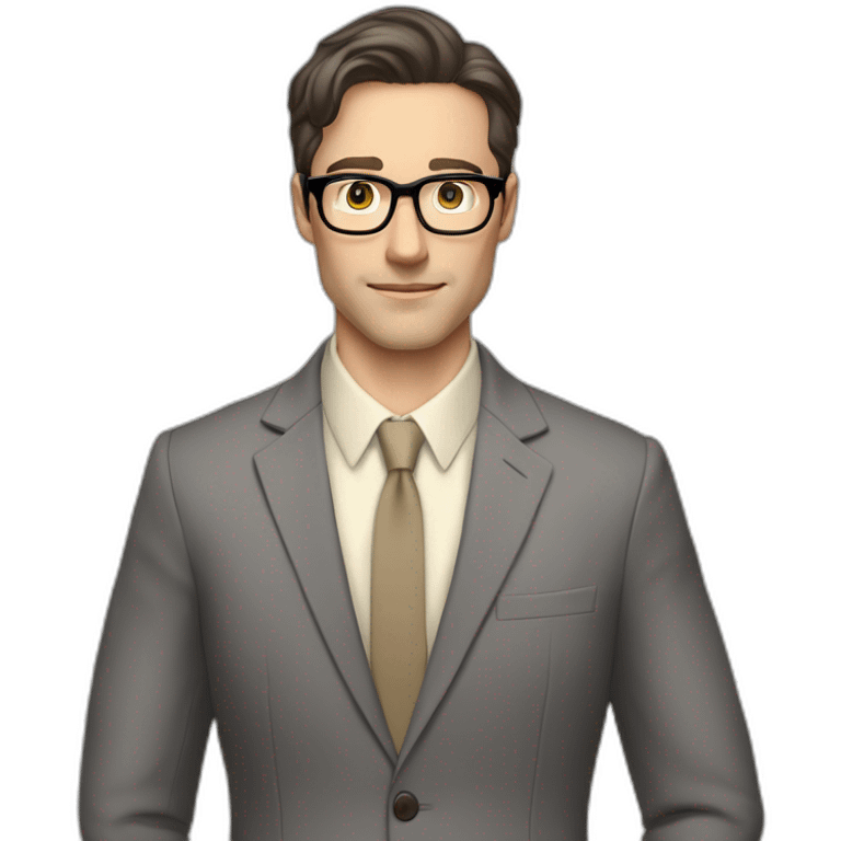 Full height Pale skinned Fit Man With dark brown hair in classic gray suit, beige office shirt, dark gray tie, and vintage glasses. Thrumbs of his palms directed up emoji