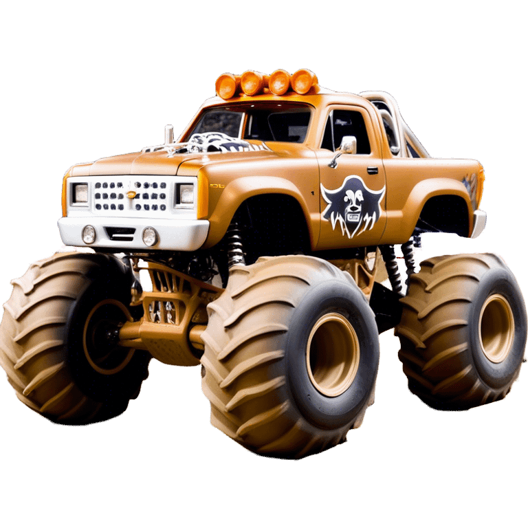 Monster Mutt - Monster Jam (Model Year: 2021) (Iconic colour: Brown with dog features) - A unique monster truck with playful, dog-inspired design cues. The vehicle is painted in warm brown tones and features subtle dog motifs (such as a stylized snout or ear shapes). It should blend the rugged power of a monster truck with quirky, endearing canine features. emoji