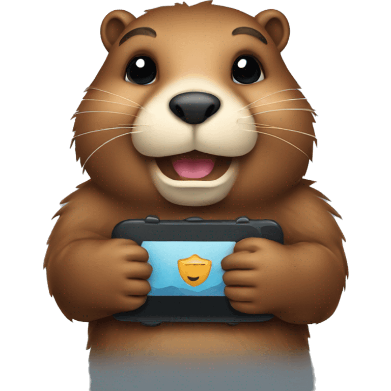 A cute beaver face holding a cell phone emoji