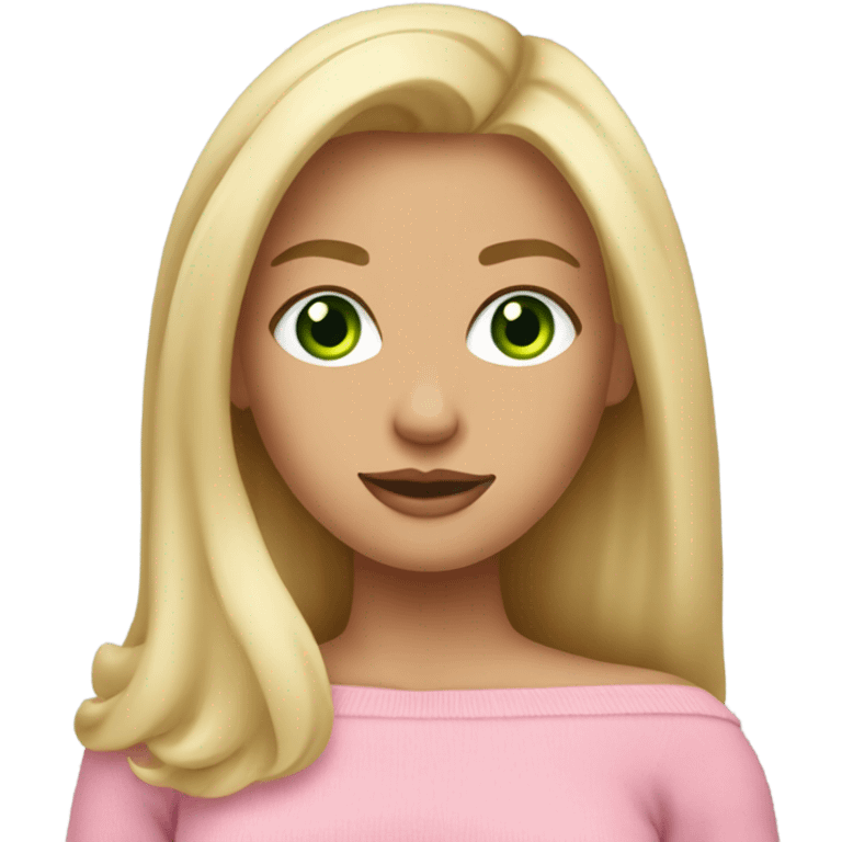 blonde girl with green eyes, smooth skin, pink off shoulder sweater, long blow out hair emoji