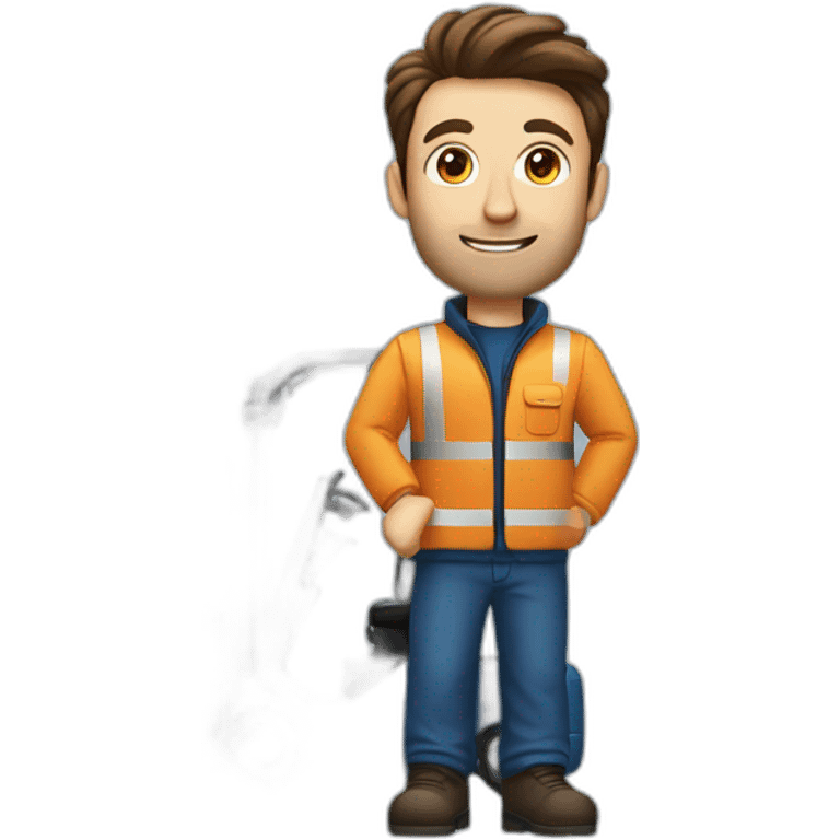 Forklift with a driver with brown hair and wearing a blue jacket, blue pants and black boots emoji