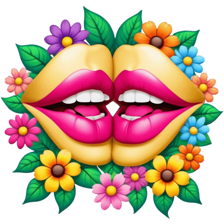 psychedelic colored pair of lips surrounded by hippie style flowers emoji